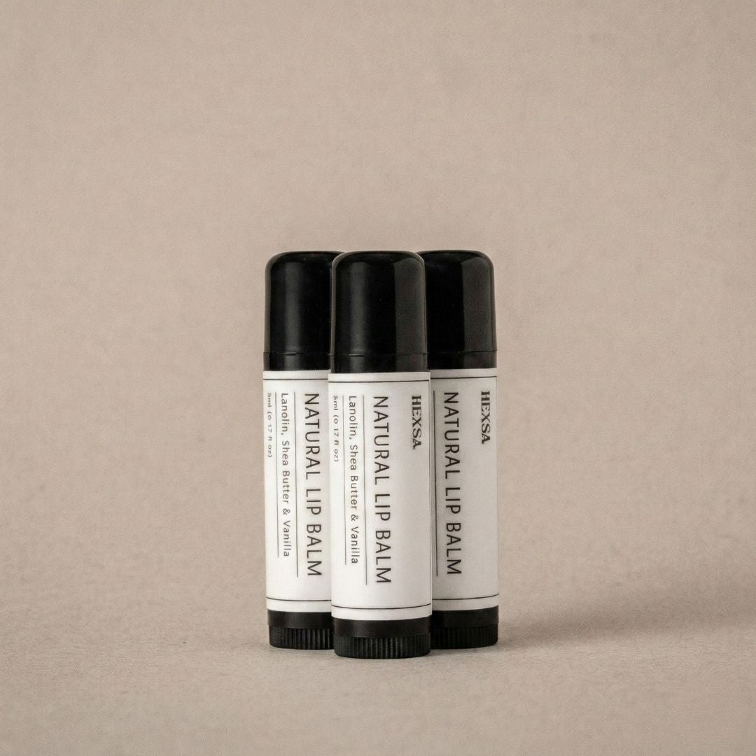 Natural Lip Balm – Hexsa – organic lip balm with lanolin, shea, coconut and vanilla. Three sticks.